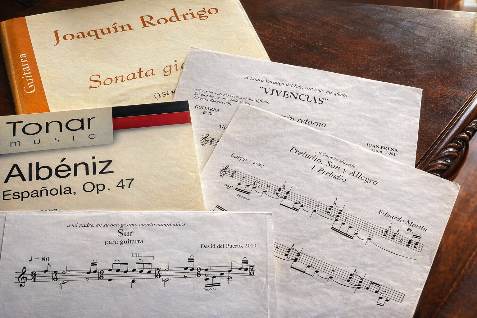Classical guitar scores performed by Laura Verdugo del Rey, with works by Joaquín Rodrigo, Albéniz, David del Puerto, Eduardo Martín and Juan Erena